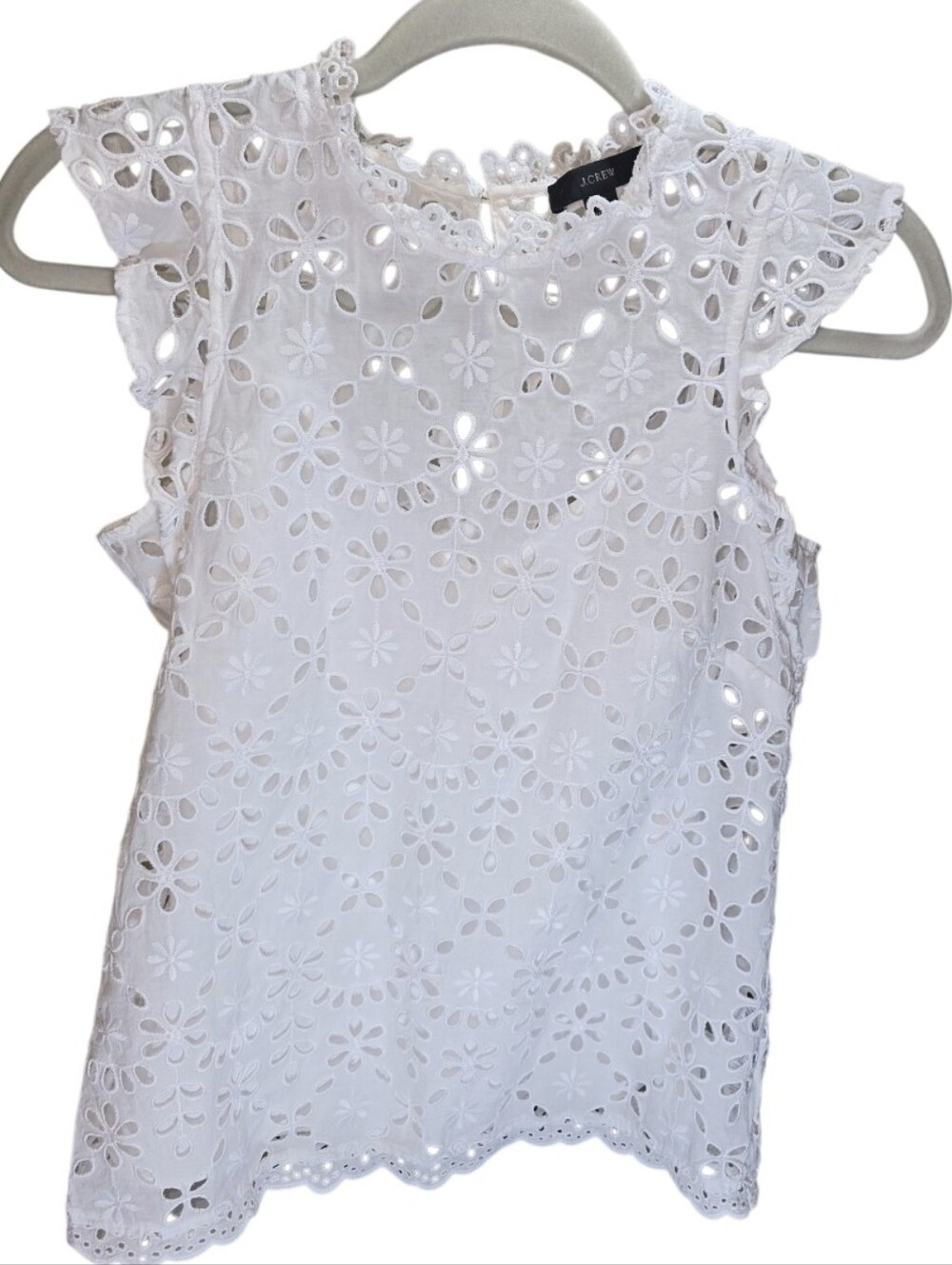 J.Crew Women's White Eyelet Lace Flutter Sleeve Top XS Cotton Embroidered Blouse